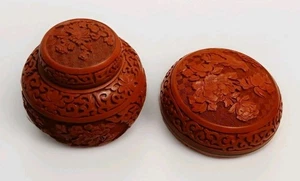 Chinesische Vase Zinnober Lack geschnitzt Ingwerglas blau Emaille Vintage 2er Set - Bild 1 von 24
