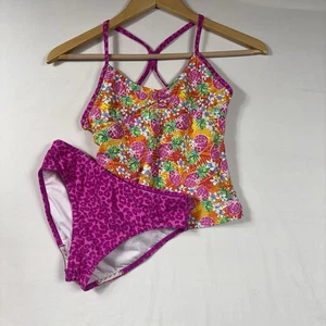 Speedo Girl's 2 Piece Tankini Strap Swimsuit Pink Pineapple Animal Print Size 14 - Picture 1 of 13