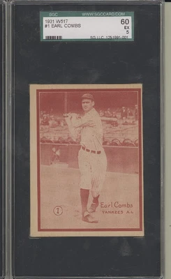 1931 W517 #1 Earl Combs New York Yankees Salón de la fama rojo variación SGC 5 Foto 1 de 2