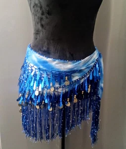 Belly Dancer Costume Genie Fringed Scarf/Skirt Dance Wear Haloween Blu/Gld - Picture 1 of 2