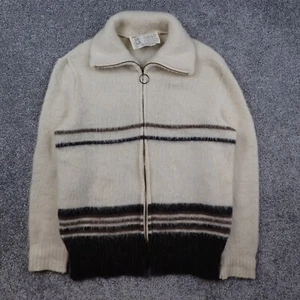 Giacca vintage Hilda Ltd donna XL bianca a righe lana islandese full zip fuzzy - Foto 1 di 8