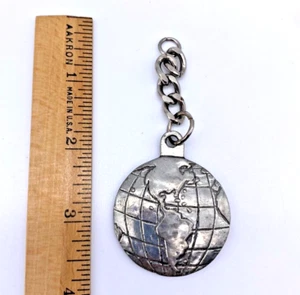 Vintage Pewter World Key Fob Chain Etched Detail Double Design Heavy - Picture 1 of 5