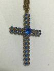 Vintage Metal And Blue Rhinestone Cross Pendant With Chain Gold Tone