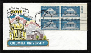 1029 3c Stamp (1954) COLUMBIA UNIVERSITY FDC BY HERMAN FLUEGEL - PLATE BLOCK - Picture 1 of 1