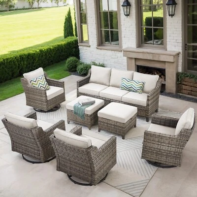 Juego de muebles seccionales de conversación de patio de ratán de 7 piezas con cojín beige Foto 1 de 4