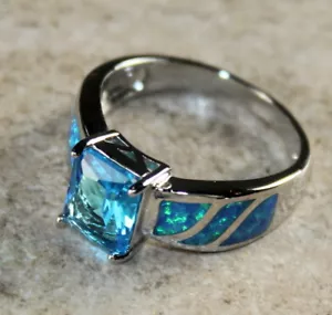 Elegante anillo rectangular plata azul fuego ópalo y topacio azul cielo talla 6, WR41302 - Imagen 1 de 2