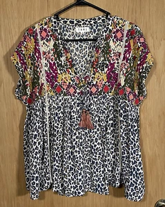 THML Boho Top bestickt Quaste Leopardenmuster feminin Hippie fließend Damen M - Bild 1 von 8