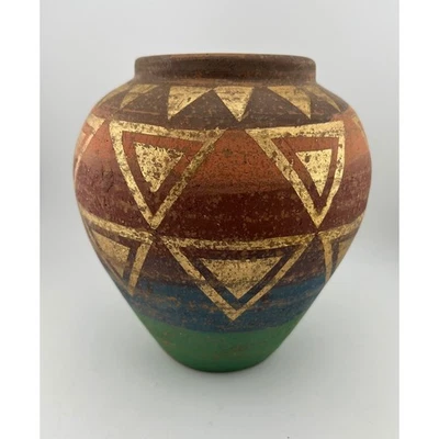 Jarrón vintage geométrico de terracota suroeste tono tierra rústico pintado a mano Foto 1 de 4