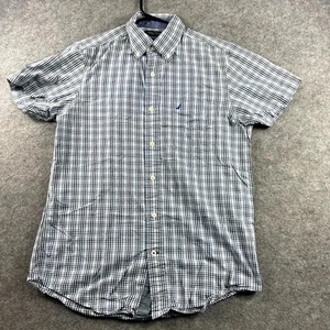 Camisa Nautica Para Hombres Con Botones Manga Corta Pequeña Azul A Cuadros Informal Bolsillo Logo - Imagen 1 de 9