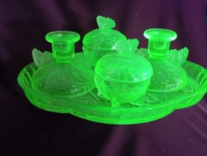 Sowerby Art Deco Butterflies Uranium  Dressing Table Set Tray Candlesticks Pots - Picture 1 of 7
