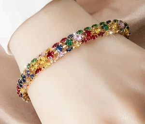 Multi-Gems Cubic Zirconia Tennis Bracelet 7.3 in Luxury 18K Yellow Gold Plated - Picture 1 of 4