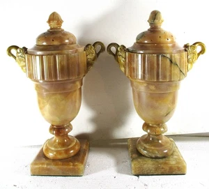 19TH C EMPIRE/EARLY 19TH C ALABASTER  CONTINENTAL MANTLE URNS SWAN HANDLES - Picture 1 of 21