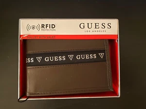 GUESS Los Angeles Wallet With Valet Brown With Blk Fabric Logo Front & Back RFID - Picture 1 of 2