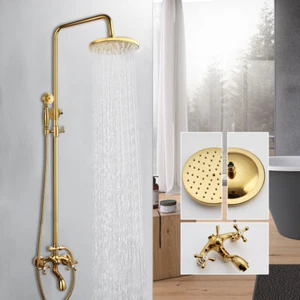 8" Bathroom Rain Shower Faucet Gold Valve Mixer Hand Sprayer Wall Mount Tap Set - Picture 1 of 9