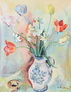 Georg Kretzschmar 1889-1970 Leipzig / Aquarell Stillleben Tulpen Blumen Krug - Picture 1 of 24
