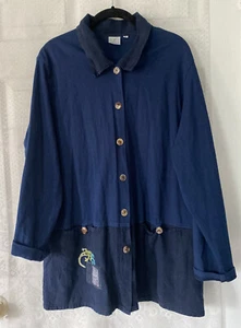 Focus Button Front Long Sleeve Navy Blue Top Artsy Art To Wear Cotton Large L - Picture 1 of 7