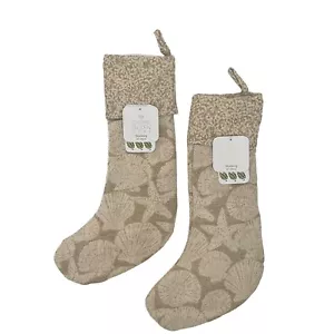Sigrid Olsen Holiday Stocking (2) Ivory Tan Seashell Coastal Beach House 22” NWT - Picture 1 of 9