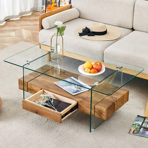 43 Inch Modern Two-Tier Coffee Table Clear Tempered Glass Top w/ Storage Drawer - Picture 1 of 24