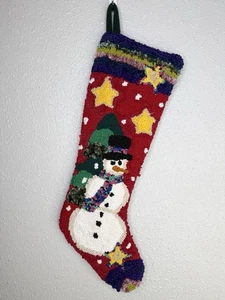 Colorful Christmas Stocking Chenille & Wool Snowman Tree Stars Snow Textured - Picture 1 of 9