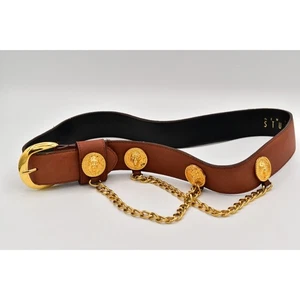 New York Studio Vintage L Fibbia Cintura Pelle Oro Leone Catena Moneta Marrone Anni 80 - Foto 1 di 12