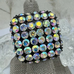 VTG Square Black Metal Stretch Ring Aurora Borealis Crystals Statement Piece - Picture 1 of 21