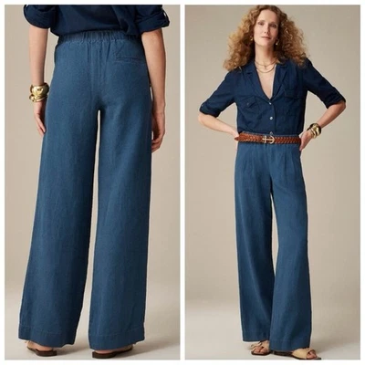 J.Crew Linen Pleated Pull On Elastic Waist Full Length Wide Leg Pant Indigo S - Image 1 of 4