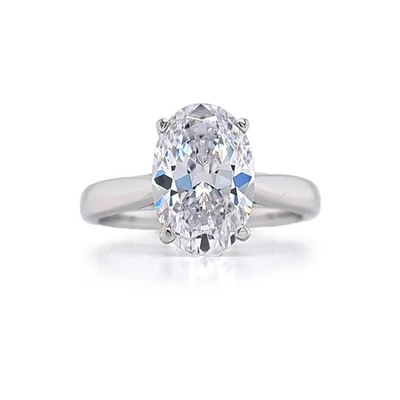 Platinum Plated Sterling Silver Solitaire Oval Ring With 3 CTW Zirconia - Size 7 - Image 1 of 3
