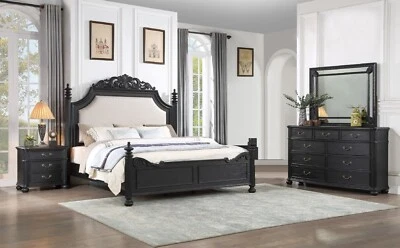 Juego de cama tradicional con panel tapizado tamaño king 4 piezas muebles acabado marrón oscuro Foto 1 de 4