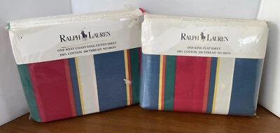 NEW Ralph Lauren CAPE Red STRIPE KING Fitted & Flat Sheet White Blue Green  - Image 1 of 4