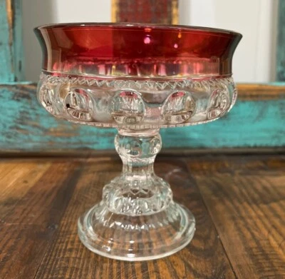 Kings Crown Thumbprint Compote Tiffin Indiana Glass Ruby Cranberry Candy Dish - Image 1 of 4