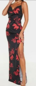 Pretty Little Thing Black Floral Print Cowl Neck Button Maxi Dress US Size 12    - Picture 1 of 2