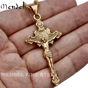 MENDEL Mens Gold Plated Jesus Crucifix Cross Pendant Necklace For Men Stainless - Picture 1 of 6