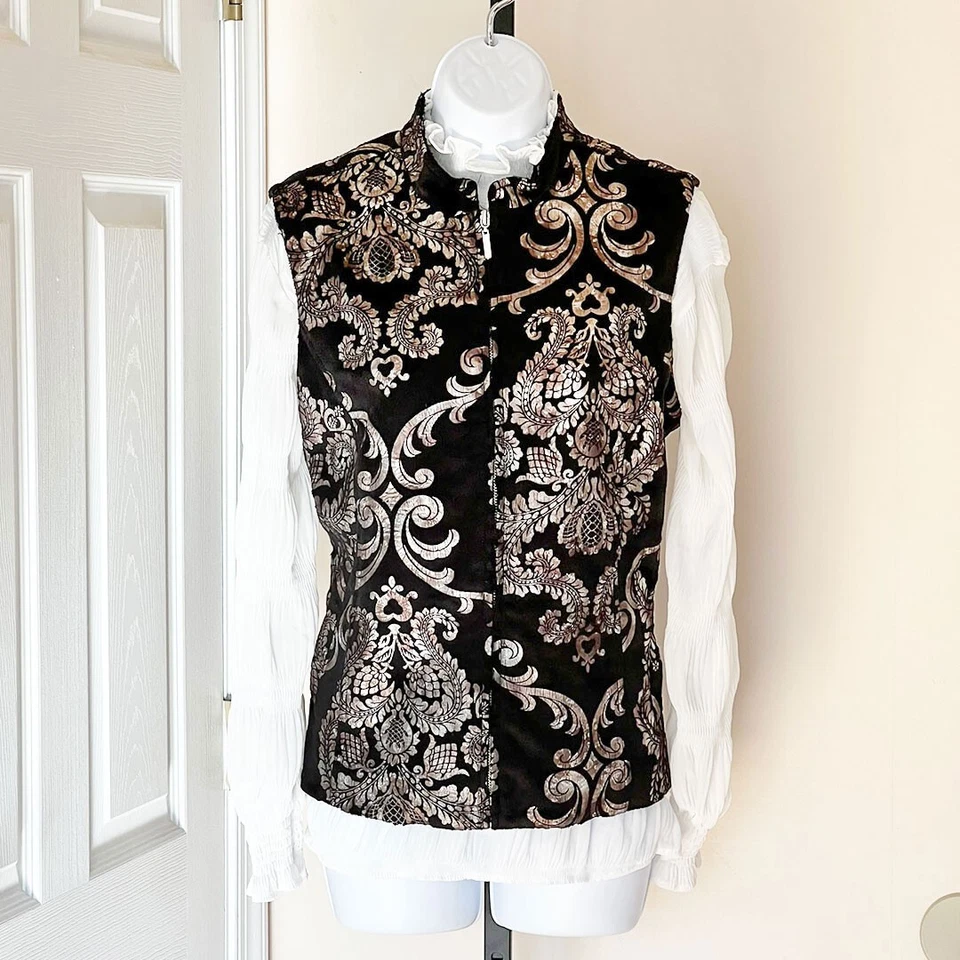 Precioso Chaleco Erin London Cremallera Completa Láminado Dorado sobre Negro Piel Suave Exterior Talla Foto 1 de 4