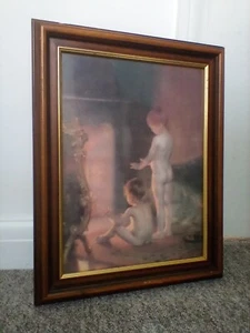 Vintage 60s Picture Two Children Warming by Open Fire. - Picture 1 of 3