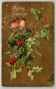 Christmas Greetings, Birds, Holly, Antique 1915 Embossed Greetings Postcard - Bild 1 von 2