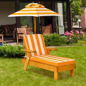 Kinder Sonnenliege Gartenliege mit Sonnenschirm Strandliege Holz mit Kissen - Bild 1 von 8