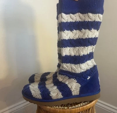 Ugg Blue White Classic Tall Stripe Cable Knit Sheepskin Boots Womens size 8 - Image 1 of 4