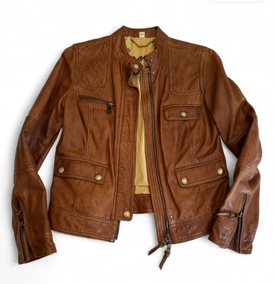 Chaqueta de moto Coach Trucker vintage para mujer XS/S de cuero coñac forrada con cuello de banda Foto 1 de 4