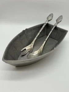 Silber Boot Salatbesteck Aluminiumguss mit Fischlöffel & Gabel Servierer 13" Zentrum - Bild 1 von 16