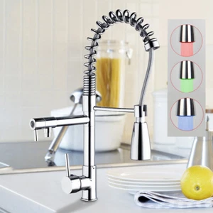 Chrome Kitchen Sink Mixer LED Pull Down Swivel Spout Taps Deck Mounted Faucet - Picture 1 of 9