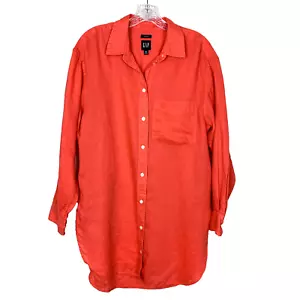 Gap Womens M 100% Linen Tunic Long Sleeve Button Up Shirt Top Orange Beachy Boho - Picture 1 of 18