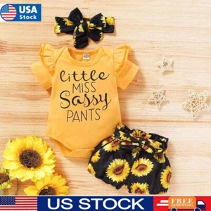 Newborn Baby Girl Romper Tops Pants Sunflower Headband Set Outfits Clothes - Picture 1 of 13