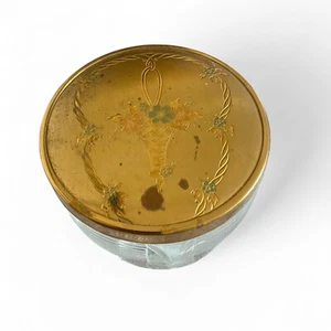 Art Deco Vanity Powder Barattolo Vintage Vetro Rigato Metallo Oro Cesto Fiori Coperchio 3,5" - Foto 1 di 7