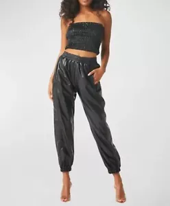 Set joggers Misa Los Angeles nero smocked crop top e pelle vegan nuovo con etichette taglia S - Foto 1 di 14