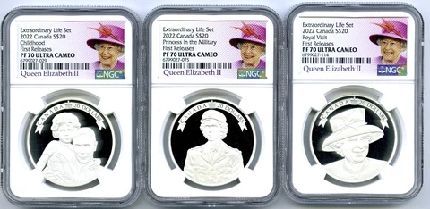 2022 $20 CANADA SILVER PROOF NGC PF70 QEII EXTRAORDINARY LIFE 3-COIN SET -FR OGP Cover
