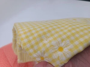 Vintage Flocked Fabric Yellow Gingham Floral Daisy & Coral Swiss Dot 44" - Picture 1 of 23