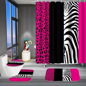 4 Pcs Bathroom Shower Curtain Set Rosy Leopard Print Shower Curtain Bright Style - Picture 1 of 12