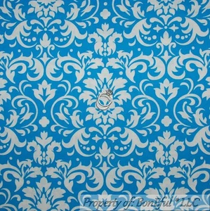 BonEful FABRIC FQ Cotton Quilt Turquoise Blue White Damask Flower Dot Leaf Swirl - Picture 1 of 8