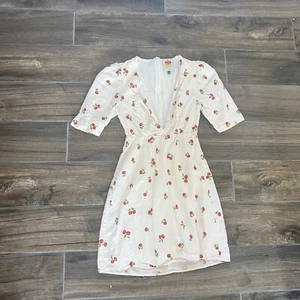 FARM Rio Pitanga Cherry Print V-Neck Linen Blend Mini Dress White Size S - Picture 1 of 7