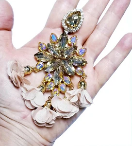 CLIP ON Earrings Rhinestone Crystal Oversized Topaz Rose Drop Chandelier 4.8 - Picture 1 of 12